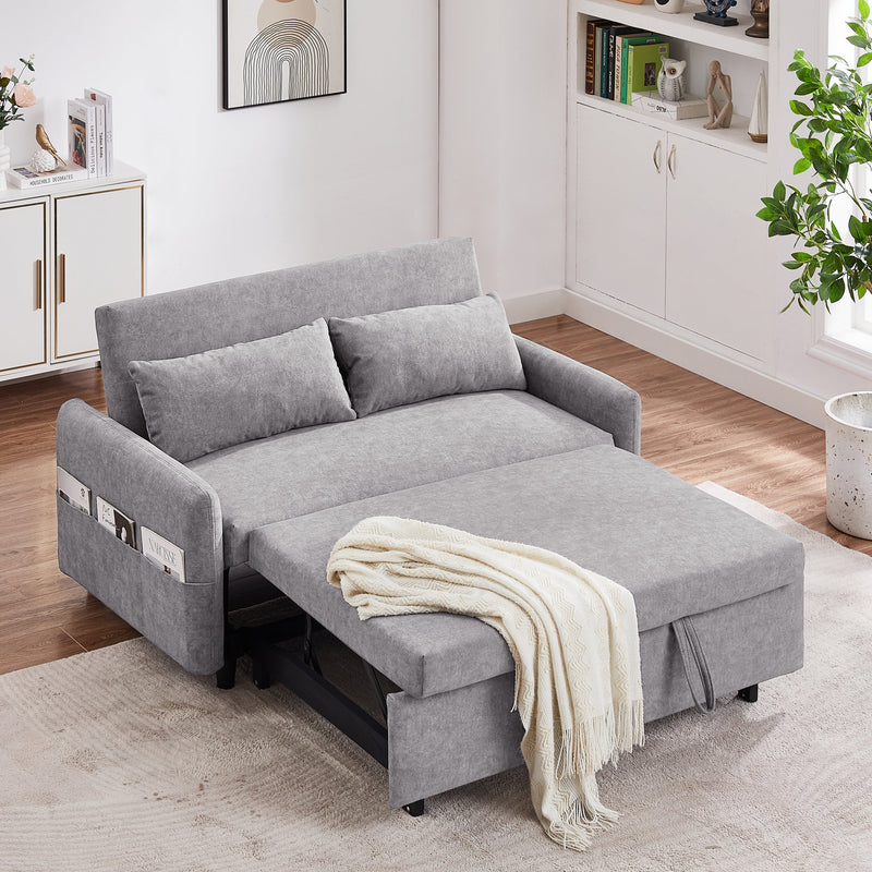 55.1" Pull Out Sleep Sofa Bed Loveseats Sofa Couch with Adjustable Backrest, Storage Pockets, 2 Soft Pillows, USB Ports for Living Room, Bedroom, Apartment, Office,Grey