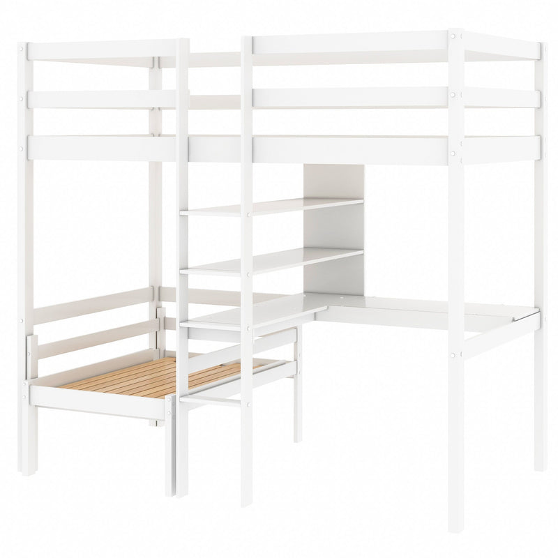 Convertible Loft Bed with L-Shape Desk, Twin Bunk Bed with Shelves and Ladder, White