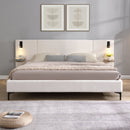 Chic Boucle Upholstered Bed with Integrated Lights and Shelves