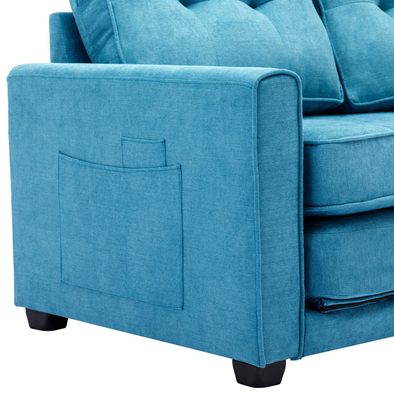 59.4" Loveseat Sofa with Pull-Out Bed Modern Upholstered Couch with Side Pocket for Living Room Office, Blue