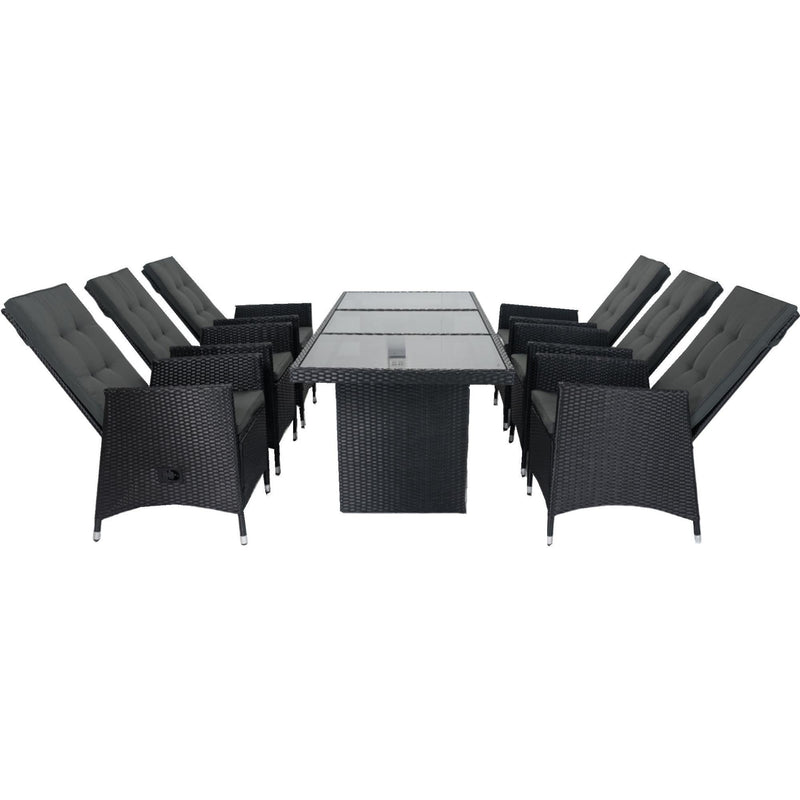 7 Piece Outdoor Patio Wicker Dining Set Patio With Adjustable Backrest Black Wicker + Dark Grey Cushion