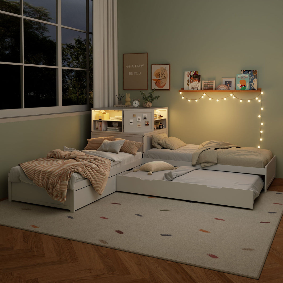 L-Shaped Bed Frame With Trundle, Built In Desk & LED Lighting, photo 12 of 31