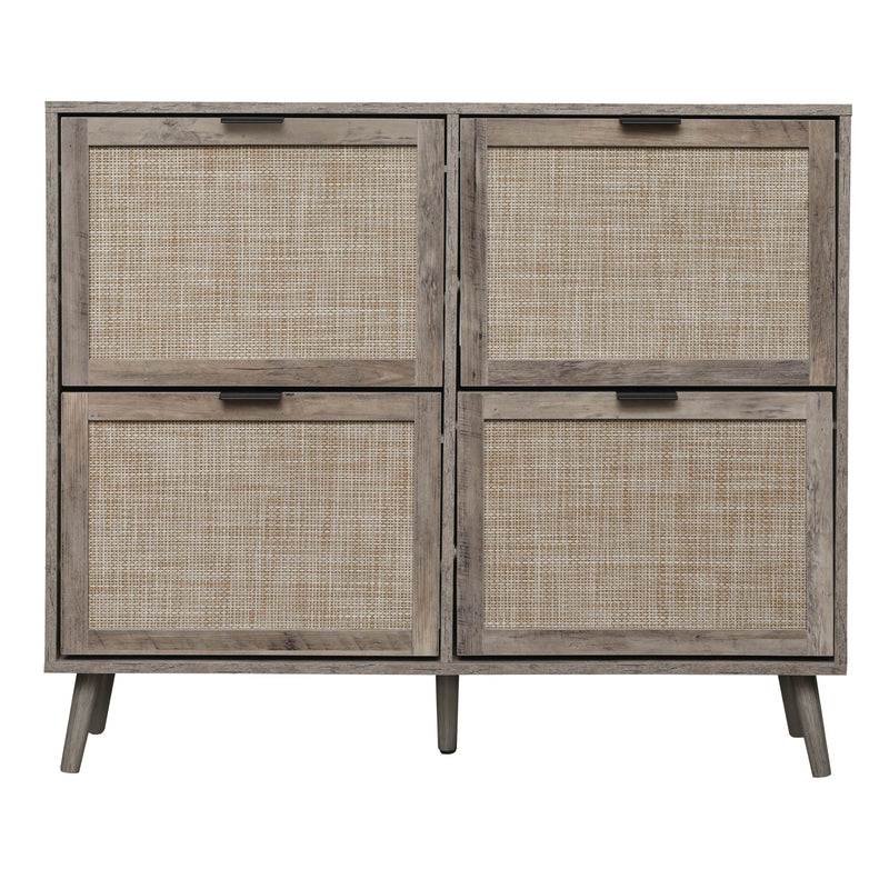 Walker Edison | Modern Rattan 4 Door Shoe Rack Cabinet for Entryway