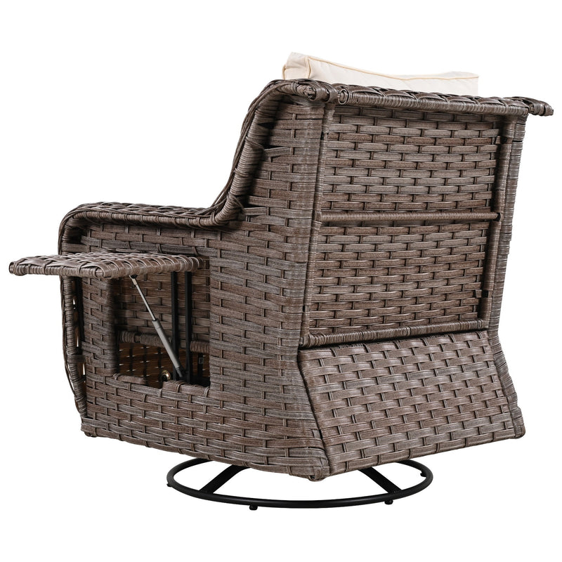 5 Pieces Outdoor Patio Furniture Set with Pet House Cool Bar and Retractable Side Tray, Rattan Wicker Patio Swivel Rocking Chairs Set of 2 with Ottomans for Backyard, Porch, Balcony, Beige