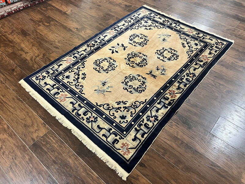 Chinese Peking Rug 4x6, Wool Hand Knotted Handmade Vintage Semi Antique Carpet, Semi Open Field, Light Peach & Navy Blue, Art Deco Rug