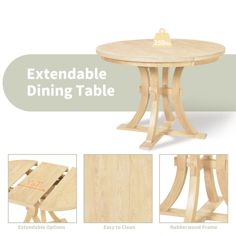 5-Piece Rustic Round Pedestal Extendable Dining Table Set with 15.7" Removable Leaf and Simple Dining Chirs for Small Places, Natural