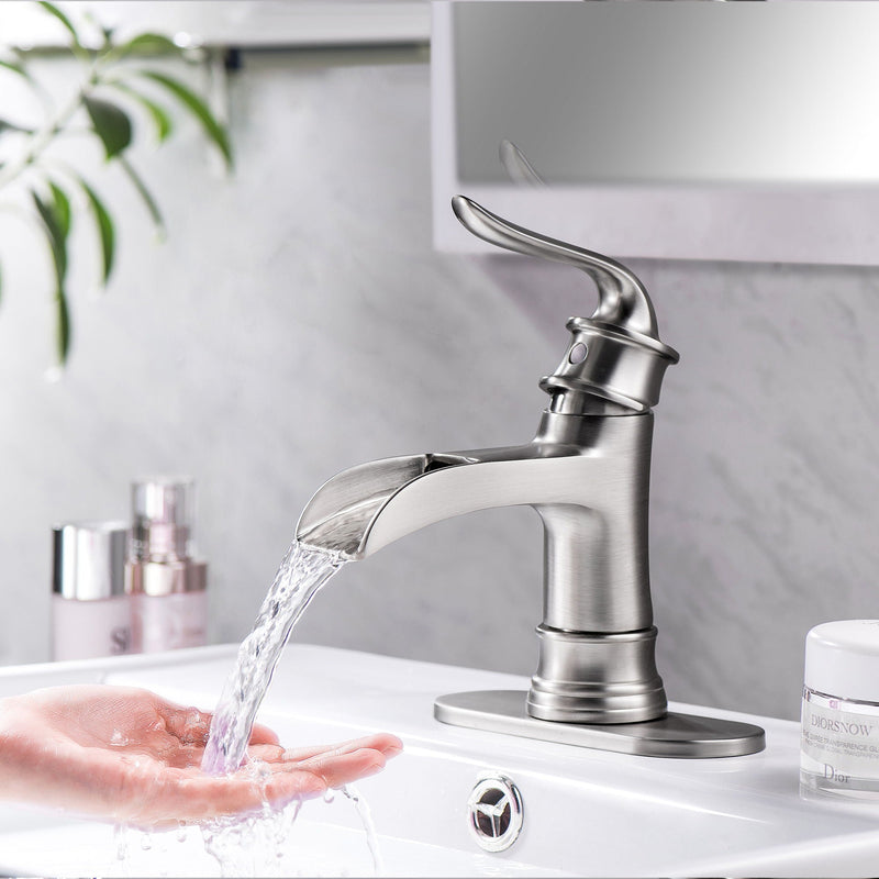 Waterfall Spout Bathroom Faucet With Single Handle And Pop Up Drain - Brushed Nickel, photo 3 of 6