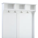 All in One Hall Tree with 3 Top Shelves and 2 Flip Shoe Storage Drawers, Wood Hallway Organizer with Storage Bench and Metal Hanging Hooks, White
