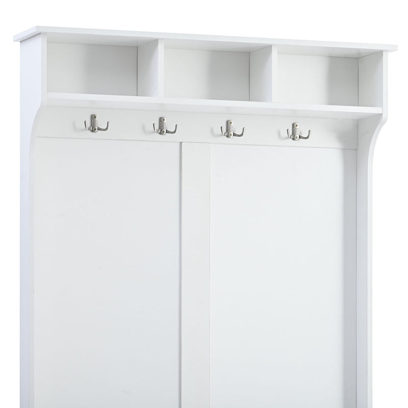 All in One Hall Tree with 3 Top Shelves and 2 Flip Shoe Storage Drawers, Wood Hallway Organizer with Storage Bench and Metal Hanging Hooks, White