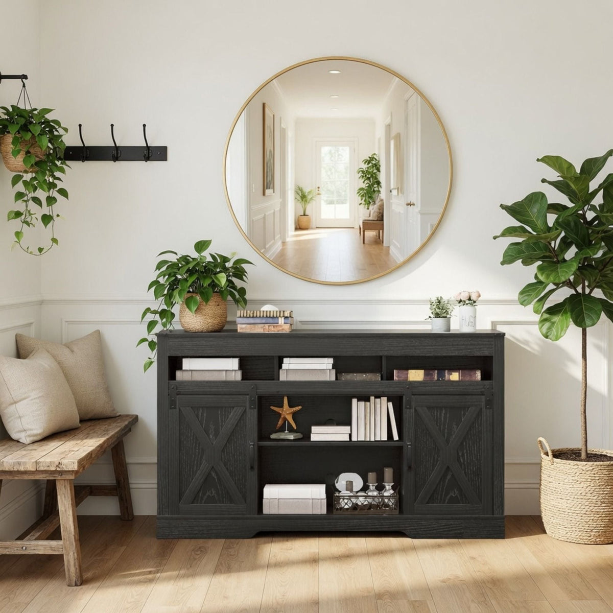 Farmhouse TV Stand With Sliding Barn Doors & Adjustable Storage, photo 22 of 40