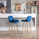 26 Inch Set of 2 Bar Stools, with Steel Frame Footrest Velvet Fabric Golden Leg Simple Bar Stool, BLUE