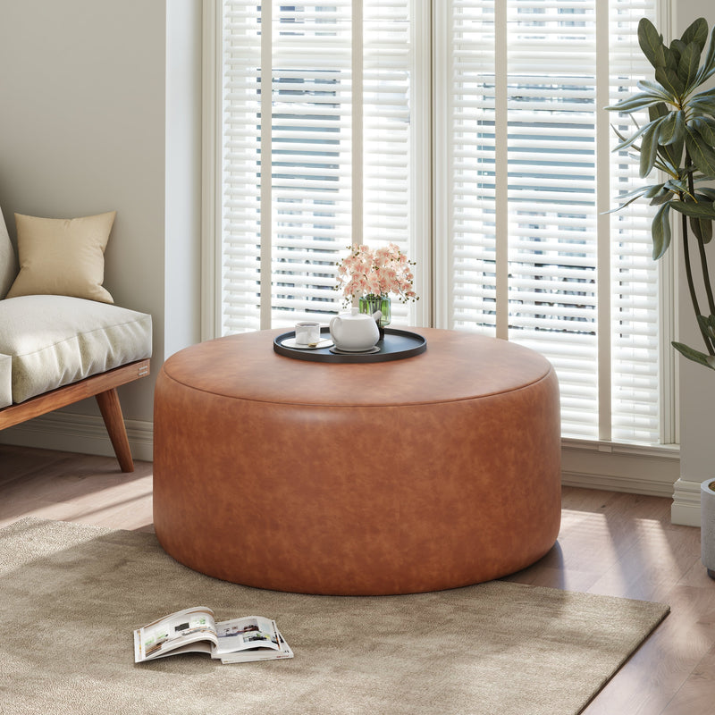 Upholstered Round Ottoman,PU Leather, Cognac Brown