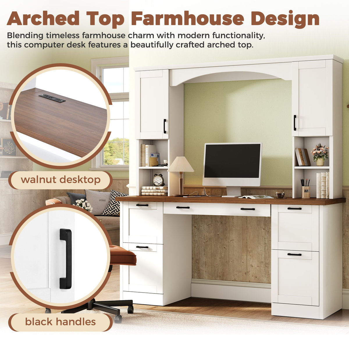 ON-Trend Farmhouse Arched Computer Desk with Hutch, photo 3 of 10