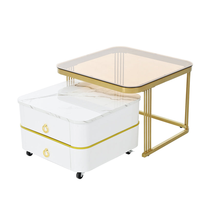 2-in-1 Square Nesting Coffee Table with Wheels & Drawers, Stackable Side Table with High Gloss Marble Grain Top, End Table Set with Brown Tempered Glass for Living Room, White
