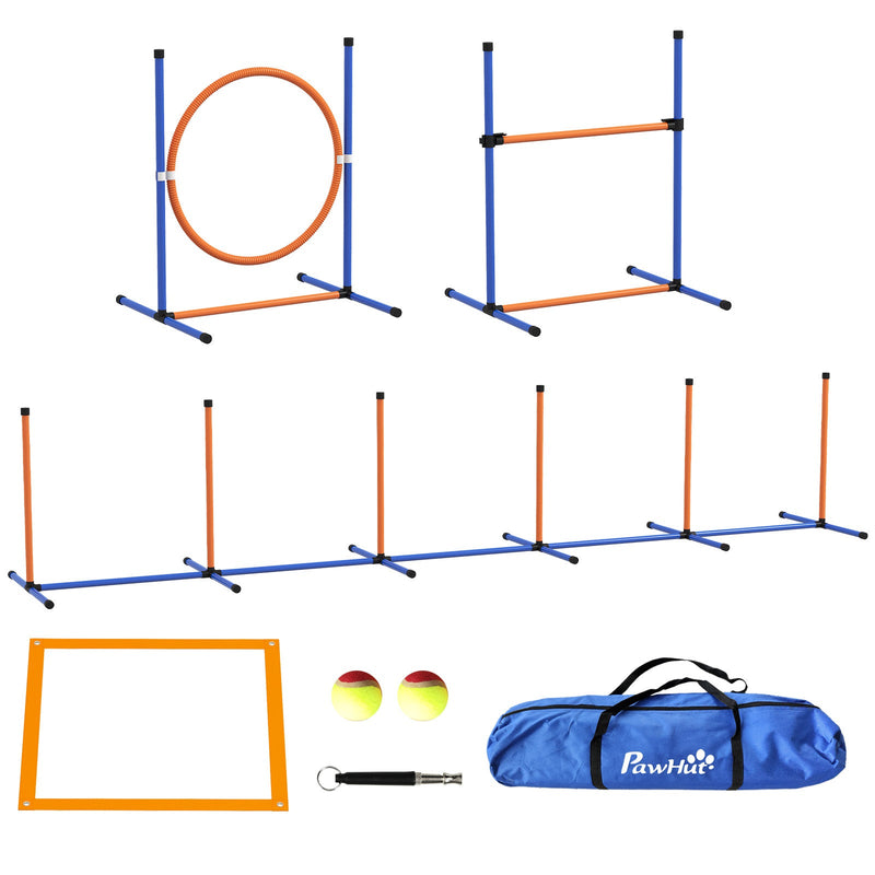 4 Pieces Dog Agility Training Equipment, Dog Obstacle Course Starter Kit, Pet Outdoor Games with Weave Poles, Adjustable Hurdle Jumping Ring, Pause Box, Whistle, Toy Balls for Backyard, Orange