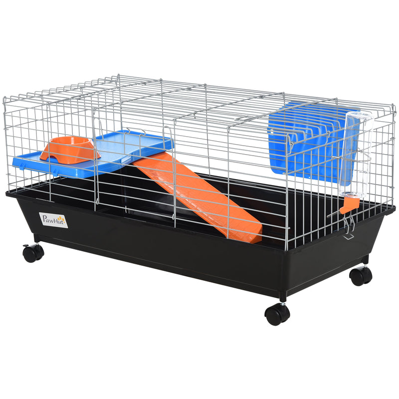 35"L Small Animal Cage, Rolling Bunny Cage, Guinea Pig Cage with Food Dish, Water Bottle, Hay Feeder, Platform, Ramp for Ferret Chinchilla, Black