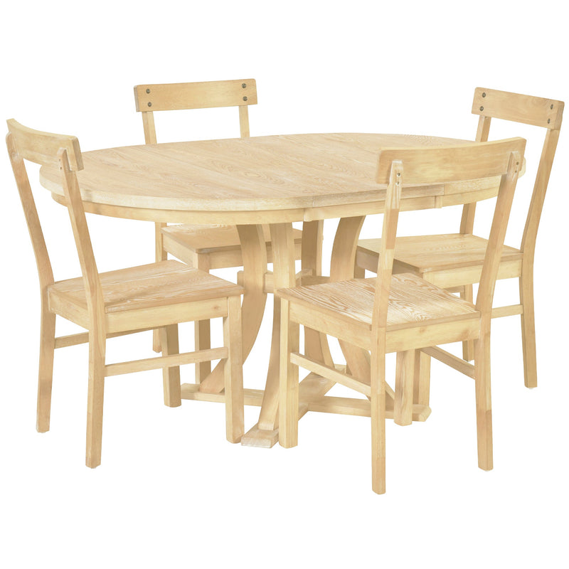 5-Piece Rustic Round Pedestal Extendable Dining Table Set with 15.7" Removable Leaf and Simple Dining Chirs for Small Places, Natural