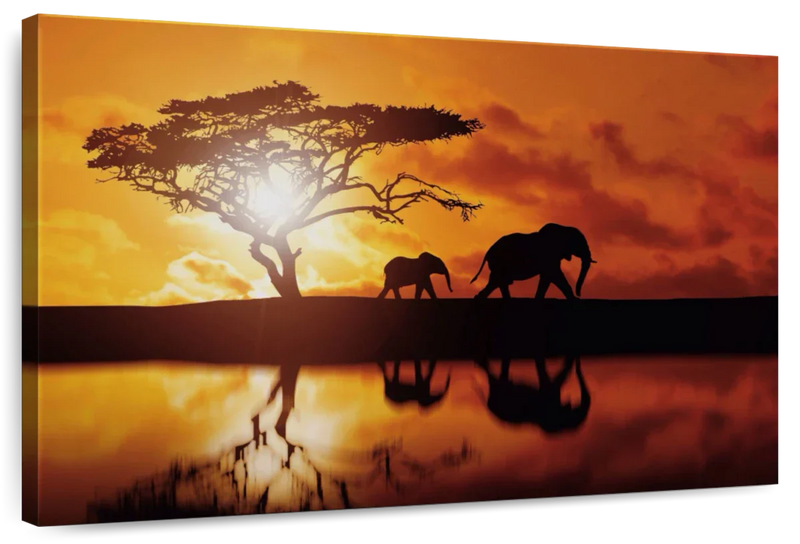 Elephant Silhouettes At Sunset Wall Art