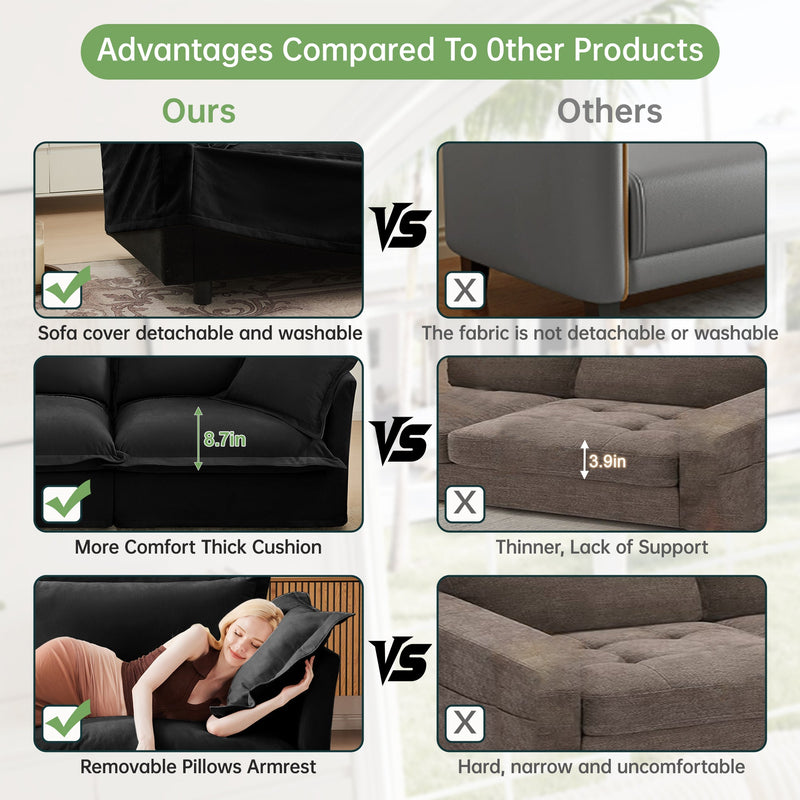 Slipcovered U Shape Sectional Deep Seat Sofa Couch, 3 Seater Sofa with French Edges Design Multiple Big Pillows, Modular Deep Seat Sectional Sofa Comfy Cloud Couch for Living Room, Apartment,Chenille