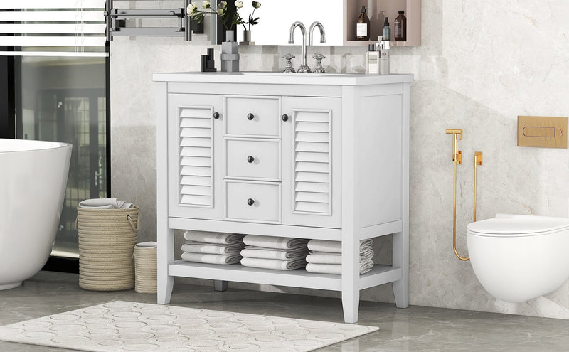 36" Bathroom Vanity with Ceramic Basin, Two Cabinets and Drawers, Open Shelf, Solid Wood Frame, White