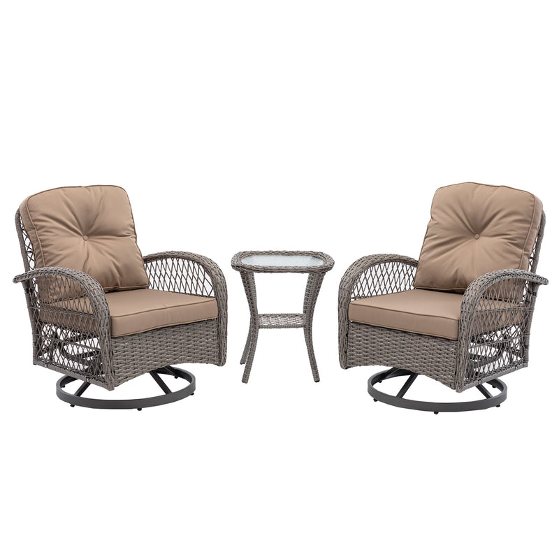 3 Pieces Outdoor Swivel Rocker Patio Chairs, 360 Degree Rocking Patio Conversation Set with Thickened Cushions and Glass Coffee Table for Backyard, Khaki