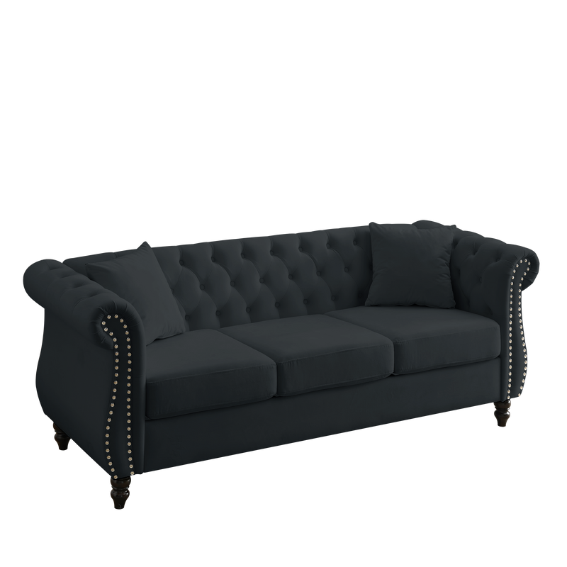 80" Chesterfield Sofa Black Velvet for Living Room, 3 Seater Sofa Tufted Couch with Rolled Arms and Nailhead for Living Room, Bedroom, Office, Apartment, 3S+2S
