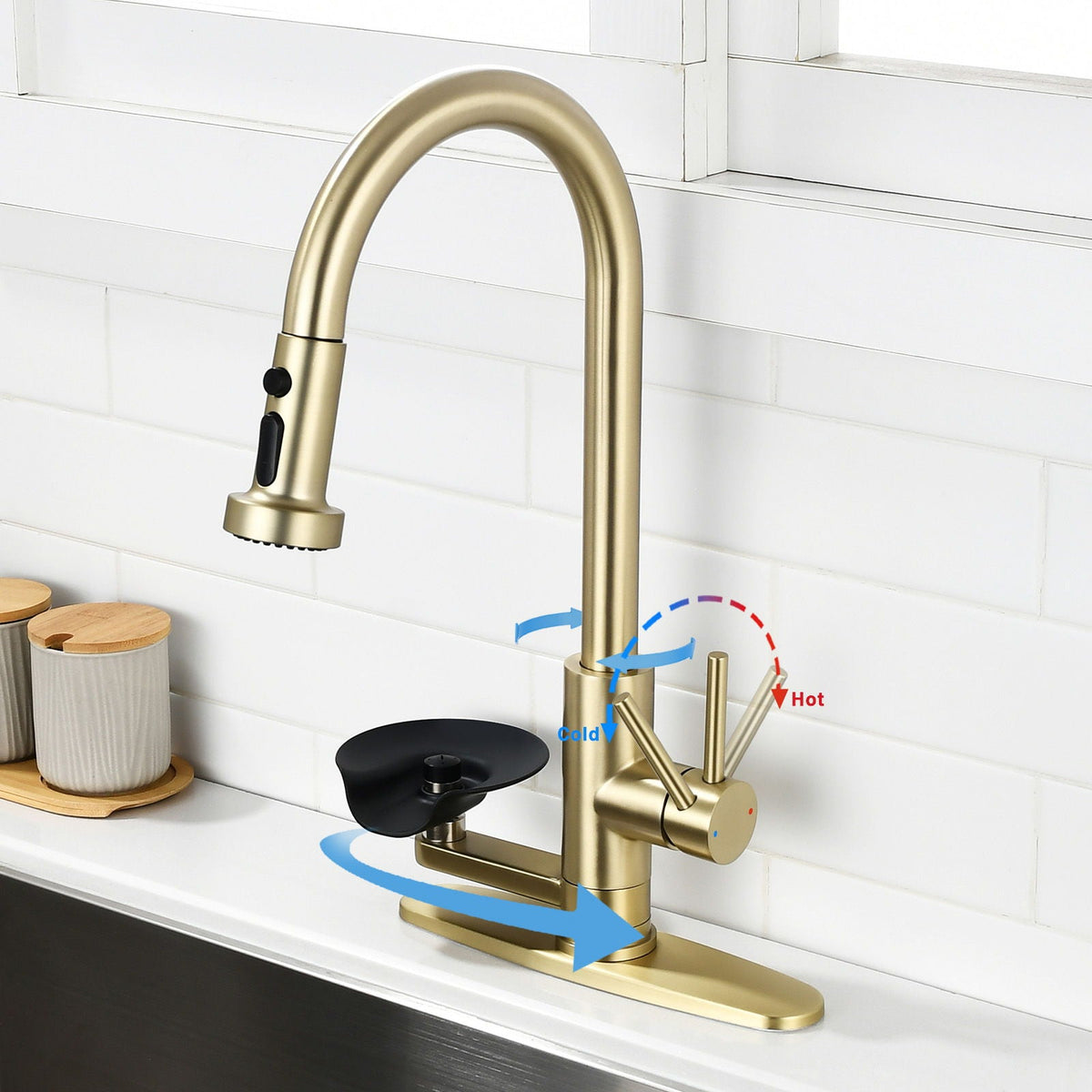 3 In 1 Kitchen Faucet With Press Type Glass Rinser, High Arc Pull Down Sprayer, photo 12 of 28