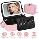 Travel Makeup Bag with LED Mirror Makeup Case Organizer with 3 Light Colors Adjustable Dividers Brush Holder Magnifying Mirror Shoulder Strap Luggage