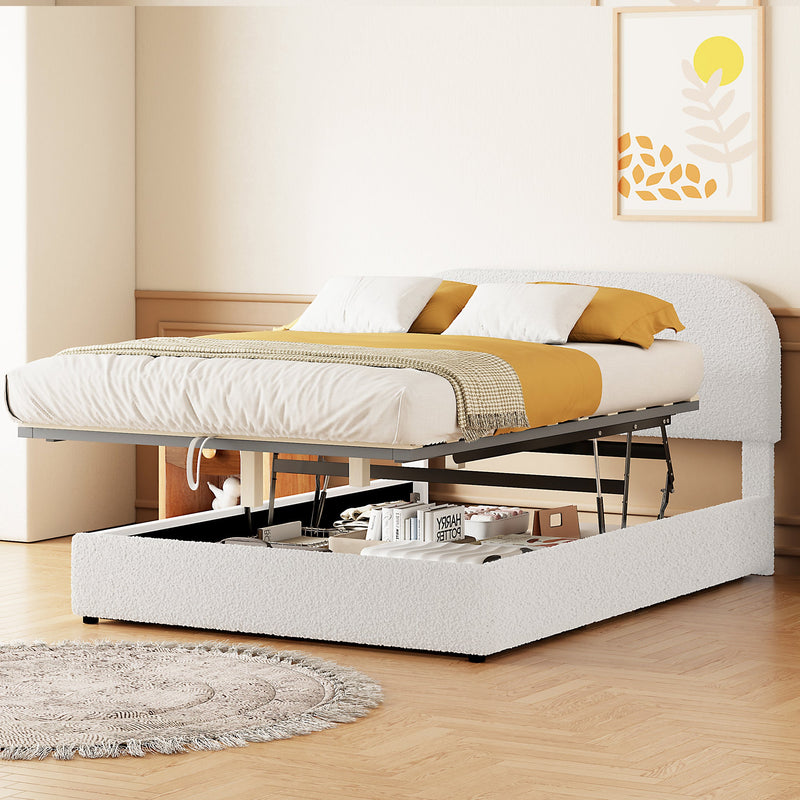 Walker Edison - Teddy Fleece Full  Size Upholstered Platform Bed with Hydraulic Storage System, White