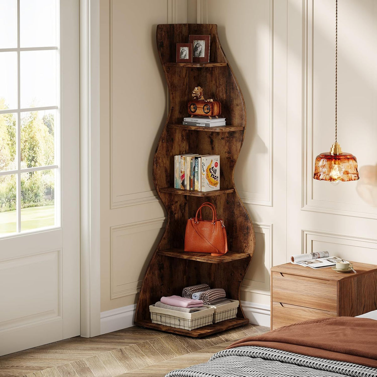 5 Tier Wavy Corner Bookshelf And Plant Stand For Living Room, photo 14 of 24
