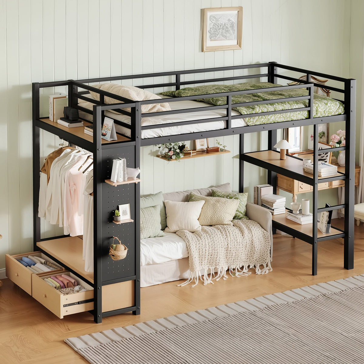 Twin XL Size Loft Bed Frame with Wardrobe and Shelves, photo 2 of 10