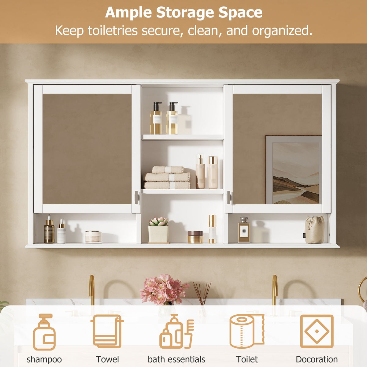 Wall Mount Mirror Cabinet With Adjustable Shelves - White, photo 6 of 14