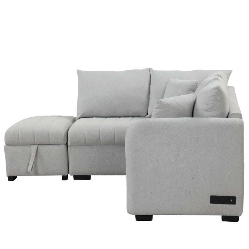 82.6" L-shaped Sectional Pull Out Sofa Bed Sleeper Sofa with Two USB Ports, Two Power Sockets and a Movable Storage Ottoman, Gray
