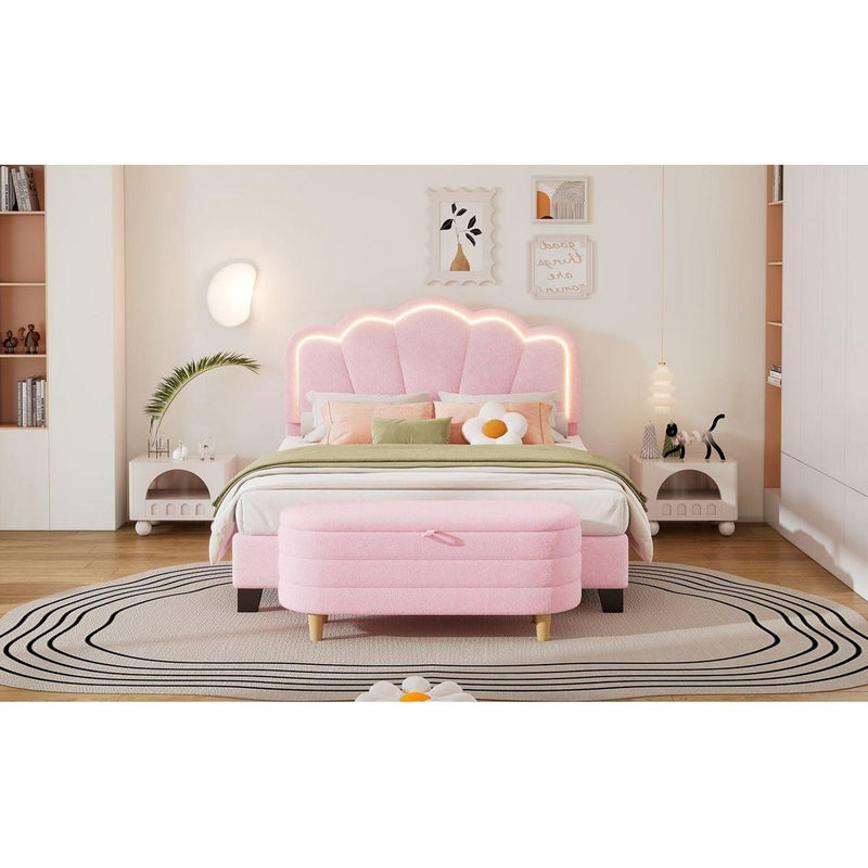 2-Pieces Bedroom Sets Full Size Flower-Shaped Upholstered LED Platform Bed with Storage Ottoman-Sherpa Fabric, Pink