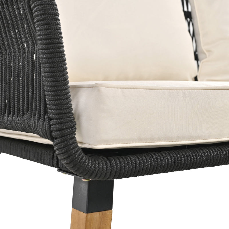 6-Piece Rope Patio Furniture Set, Outdoor Furniture with Acacia Wood Cool Bar Table with Ice Bucket, Deep Seat Patio Conversation Set with Two Stools for Backyard Porch Balcony (Black & Beige)