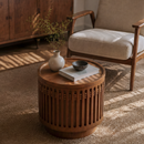 18.9" Round Wooden Side Table with Cylinder Lattice Design by HouseOfZazla