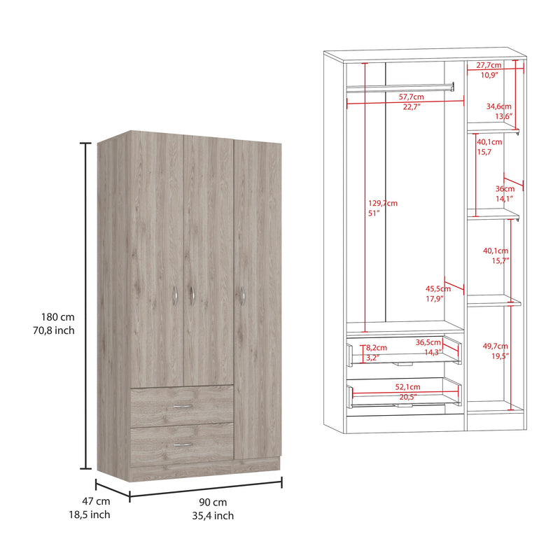 Walker Edison - Austral 3 Door Armoire with Two Drawers, Shelves, and Hanging Rod - Light Gray