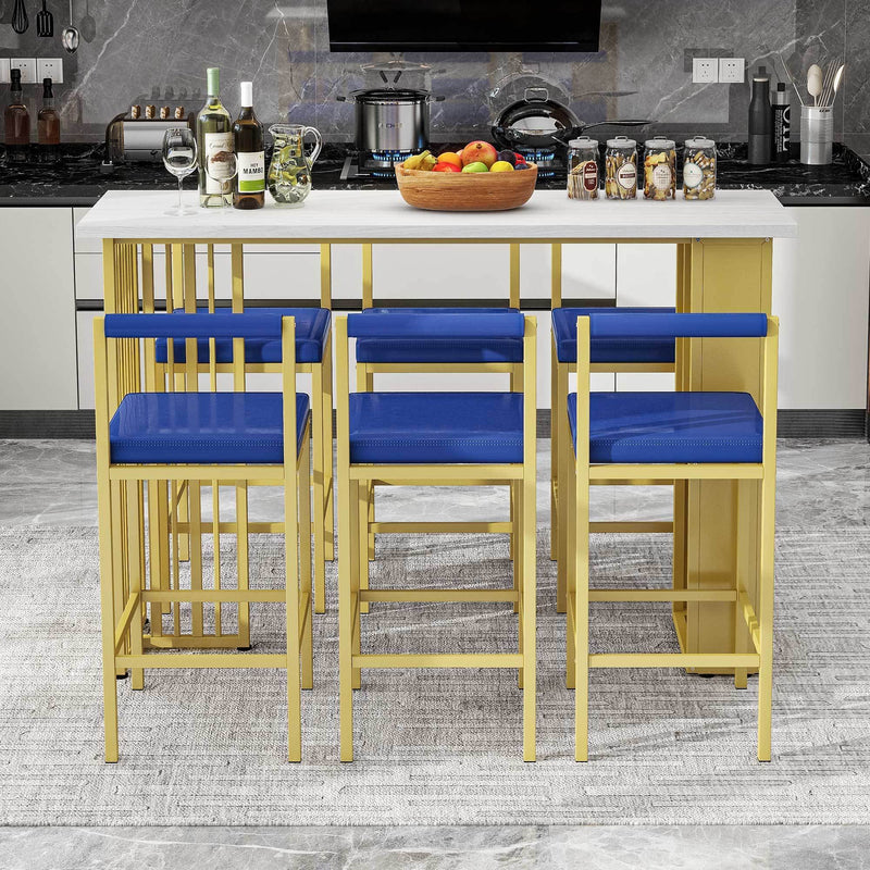 7-Piece Multi-Functional Modern Counter Height Dining Bar Table Set with Open Shelves and 6 Upholstered Stools for Dining Room, Bar and Cafe (White and Blue)
