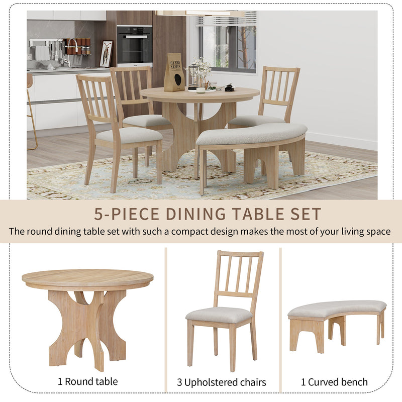 5-Piece Dining Table Set, 44" Round Dining Table with Curved Bench & Side Chairs for 4-5 People for Dining Room and Kitchen (Natural Wood Wash)
