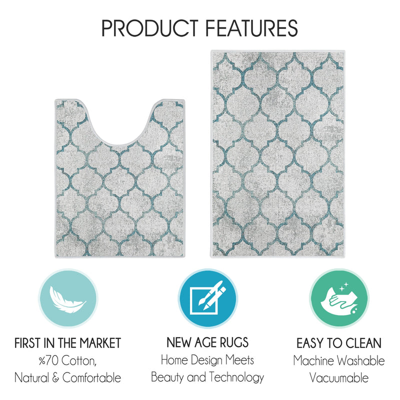 Geometric Design 2 Piece Bathroom Rugs Set | Gray&Teal
