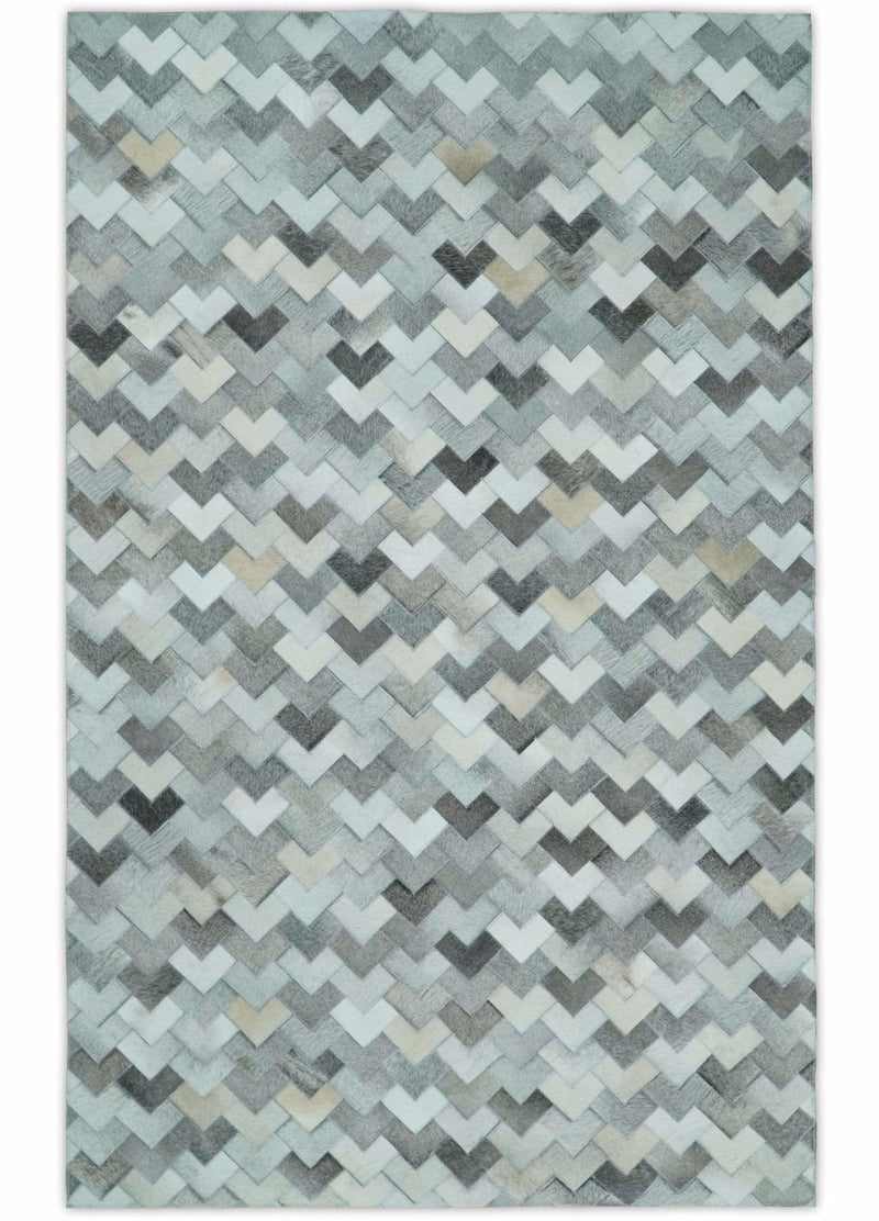 Custom Made Ivory and Gray Leather Rug | Hairon Genuine Leather, Cowhide rug, Chevron Tile Geometric Rug