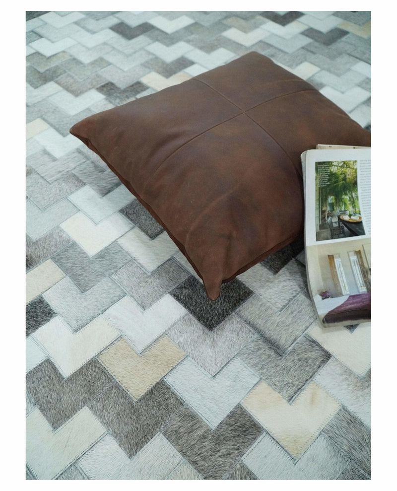 Custom Made Ivory and Gray Leather Rug | Hairon Genuine Leather, Cowhide rug, Chevron Tile Geometric Rug