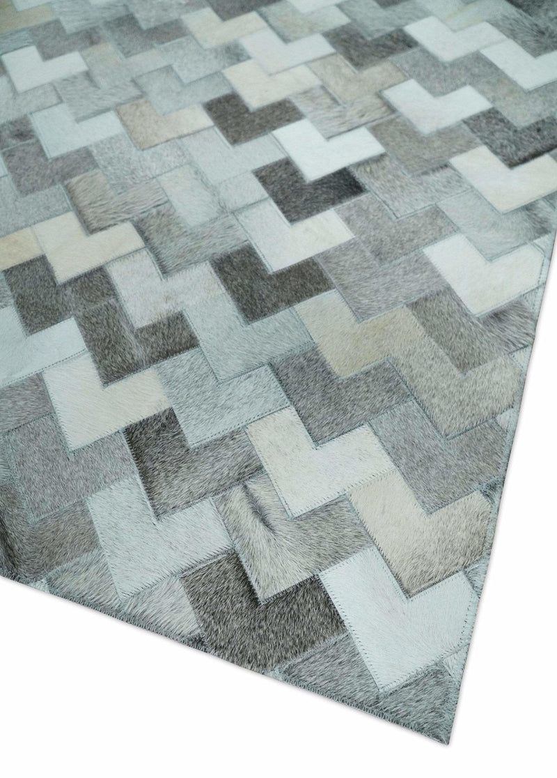 Custom Made Ivory and Gray Leather Rug | Hairon Genuine Leather, Cowhide rug, Chevron Tile Geometric Rug