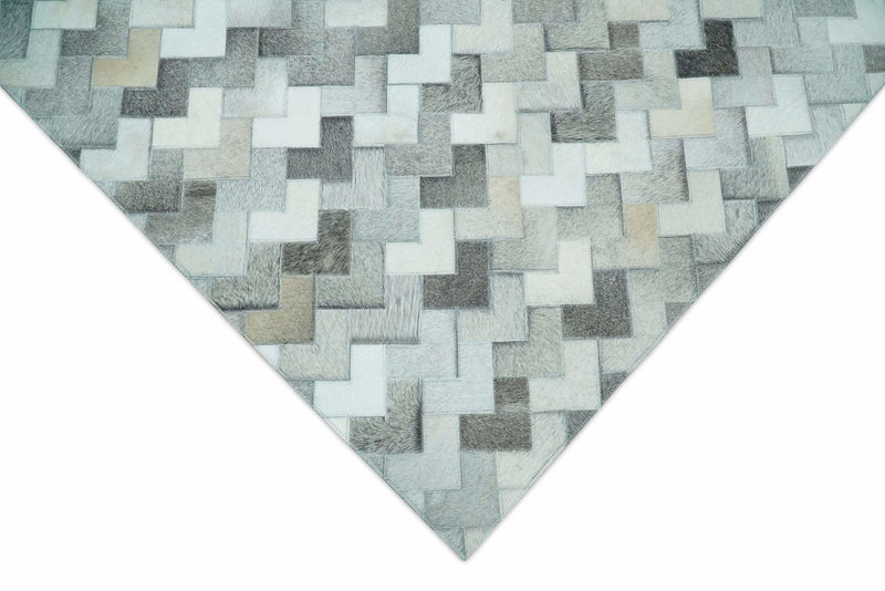 Custom Made Ivory and Gray Leather Rug | Hairon Genuine Leather, Cowhide rug, Chevron Tile Geometric Rug