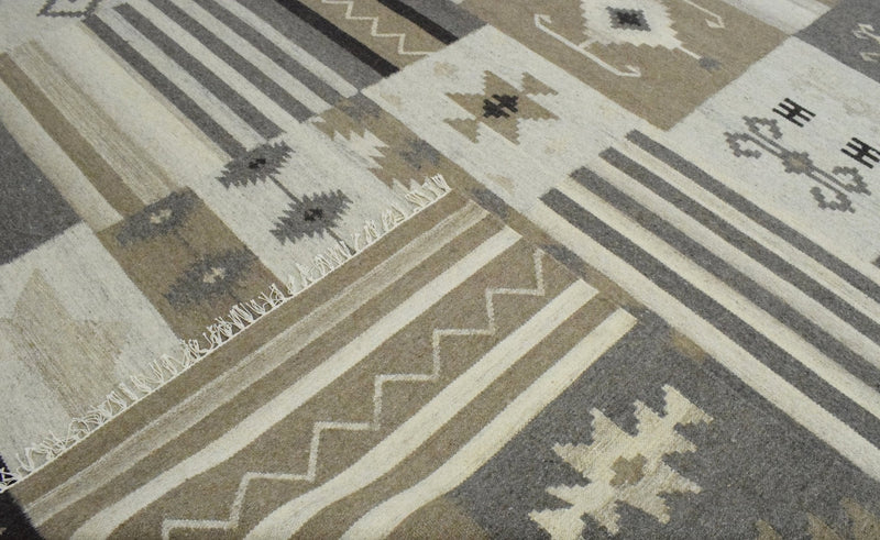 4x6, 5x8, 8x10 Dhurrie Rug, Beige Brown Tribal Pattern Rug