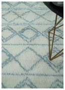 Modern Ivory and Blue Moroccan Hand Made Wool Area Rug