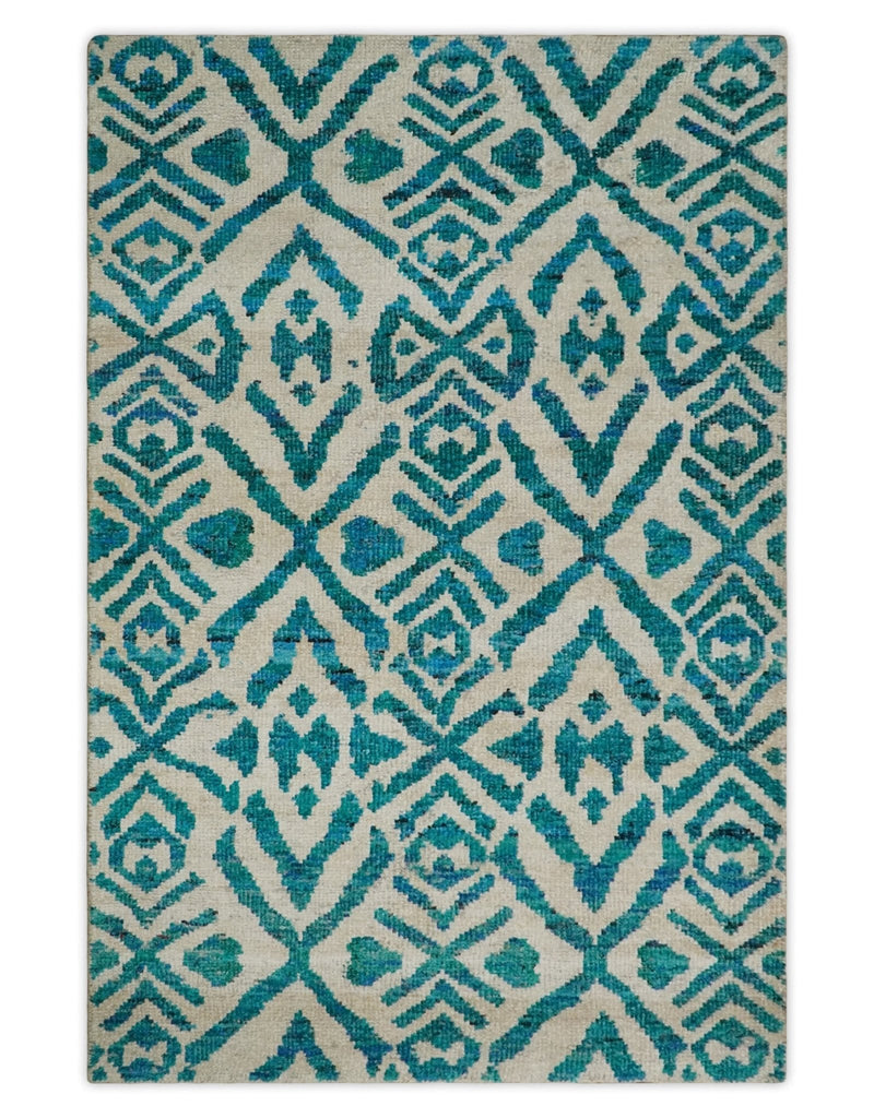 4x6 and 9x12 Hand Knotted Ivory and Blue Modern Contemporary Southwestern Tribal Trellis Recycled Silk Area Rug | OP21