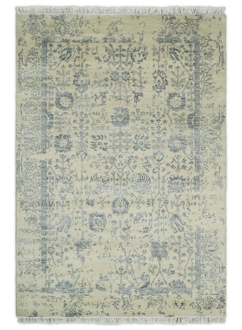 4x6 Fine Hand Knotted Beige and Gray Traditional Vintage Persian Style Antique Wool and Silk Rug | AGR14