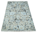 4x6 Fine Hand Knotted Aqua, Beige and Black Traditional Vintage Persian Style Antique Wool and Bamboo Silk Rug | AGR10
