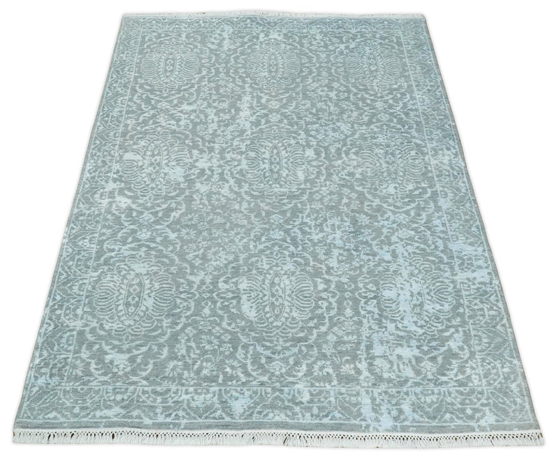 4x6 Fine Hand Knotted Silver and Blue Traditional Vintage Persian Style Antique Wool and Silk Rug | AGR18